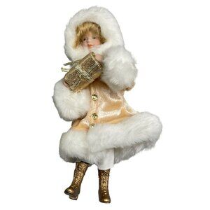 China doll foe fur gold hooded coat boots Christmas present mini embellish READ